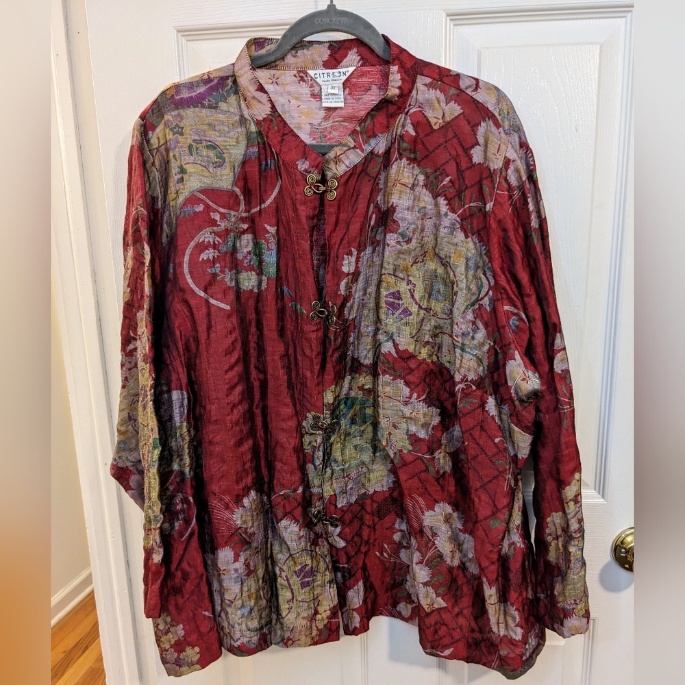 Vintage Citron, red floral print, linen blend blazer, size 3X